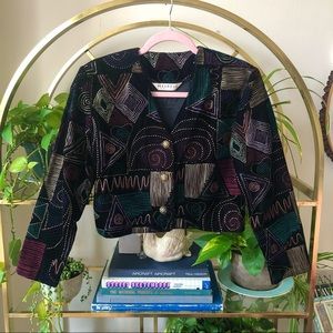 Vintage Velvet Blazer with Colorful Geometric Pattern